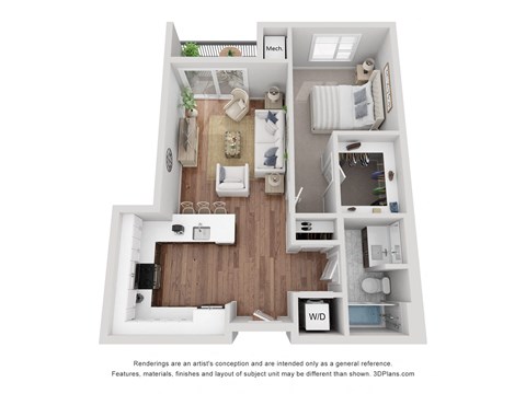 The A1 floor plan is 1 Bed, 1 Bath at 763 sq. ft. From the entry door, to the left is the kitchen, followed by the living room and patio. From the entry door, to the right is the washer/dryer closet, followed by the bathroom, closet, bedroom, and living room.